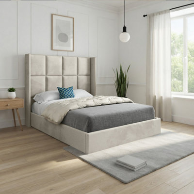  - Stafford Winged Upholstered Beige Soft Velvet Designer Bed Frame