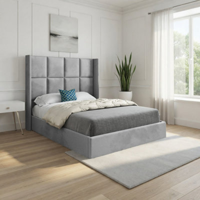  - Stafford Winged Upholstered Grey Soft Velvet Designer Bed Frame