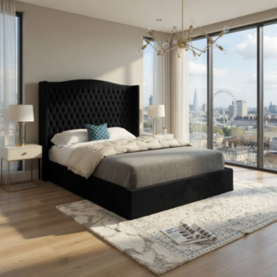  - Stockport Winged Upholstered Black Soft Velvet Designer Bed Frame