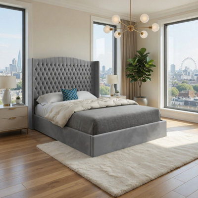 Stockport Winged Upholstered Grey Soft Velvet Designer Bed Frame from B&Q