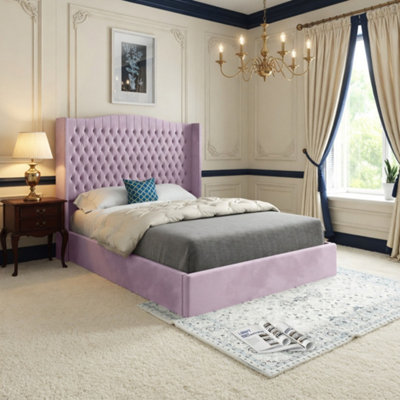  - Stockport Winged Upholstered Pink Soft Velvet Designer Bed Frame