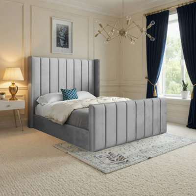  - Strumpshaw Winged Upholstered Grey Soft Velvet Designer Bed Frame
