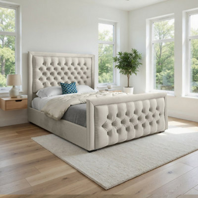  - Sway Upholstered Beige Soft Velvet Designer Bed Frame