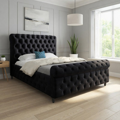  - Tiddington Sleigh Upholstered Black Soft Velvet Designer Bed Frame