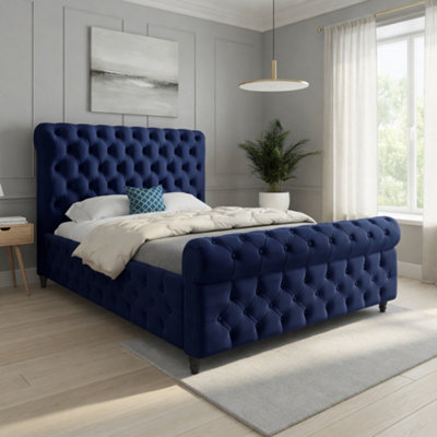  - Tiddington Sleigh Upholstered Blue Soft Velvet Designer Bed Frame