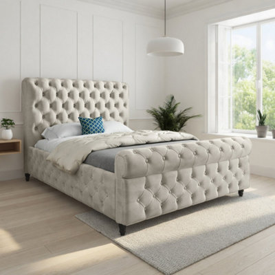  - Tiddington Sleigh Upholstered Beige Soft Velvet Designer Bed Frame