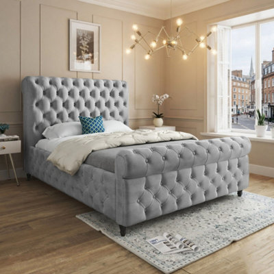  - Tiddington Sleigh Upholstered Grey Soft Velvet Designer Bed Frame
