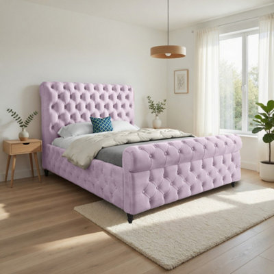  - Tiddington Sleigh Upholstered Pink Soft Velvet Designer Bed Frame