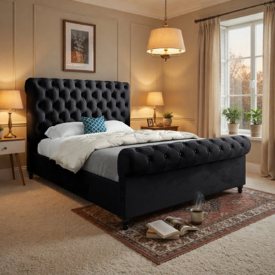  - Toddington Sleigh Upholstered Black Soft Velvet Designer Bed Frame