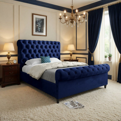  - Toddington Sleigh Upholstered Blue Soft Velvet Designer Bed Frame
