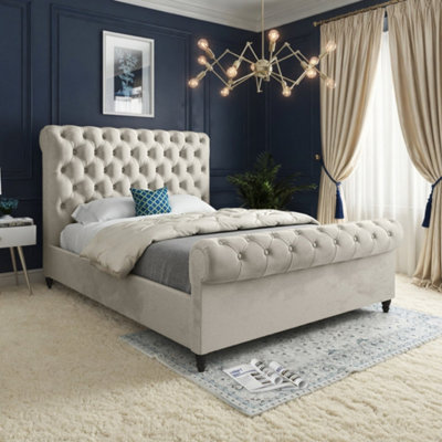  - Toddington Sleigh Upholstered Beige Soft Velvet Designer Bed Frame