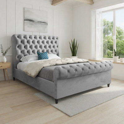  - Toddington Sleigh Upholstered Grey Soft Velvet Designer Bed Frame