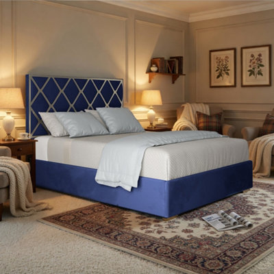  - Trentham Upholstered Soft Velvet Blue Metal Designer Bed Frame