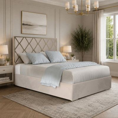  - Trentham Upholstered Soft Velvet Beige Metal Designer Bed Frame