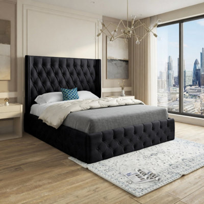  - Verwood Winged Upholstered Black Soft Velvet Designer Bed Frame