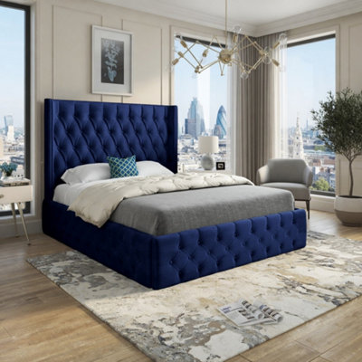  - Verwood Winged Upholstered Blue Soft Velvet Designer Bed Frame