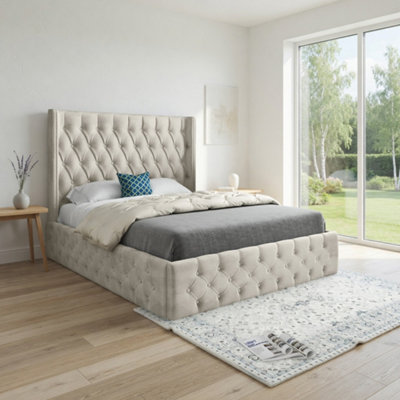  - Verwood Winged Upholstered Beige Soft Velvet Designer Bed Frame