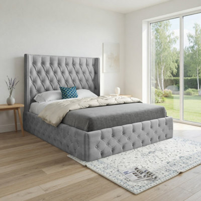  - Verwood Winged Upholstered Grey Soft Velvet Designer Bed Frame