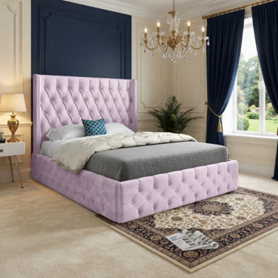  - Verwood Winged Upholstered Pink Soft Velvet Designer Bed Frame
