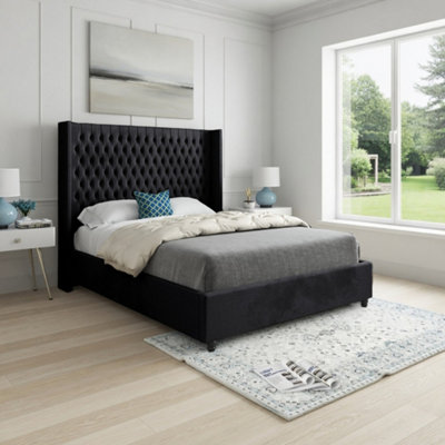  - Wellesbourne Winged Upholstered Black Soft Velvet Designer Bed Frame