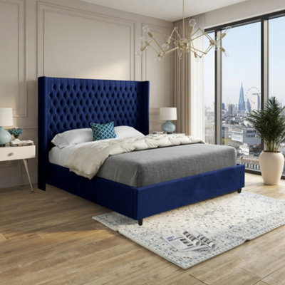  - Wellesbourne Winged Upholstered Blue Soft Velvet Designer Bed Frame