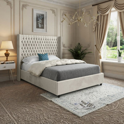 Wellesbourne Winged Upholstered Beige Soft Velvet Designer Bed Frame from B&Q