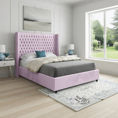  - Wellesbourne Winged Upholstered Pink Soft Velvet Designer Bed Frame