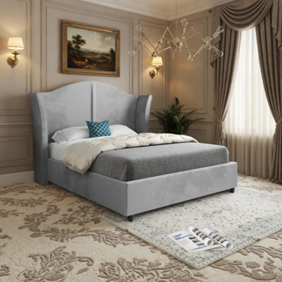  - Wiggonholt Curved Winged Upholstered Grey Soft Velvet Bed Frame
