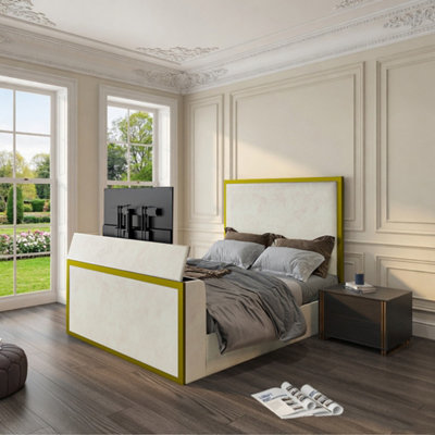  - Woldingham Upholstered Electric Media Gold & Cream White Tv Bed Frame