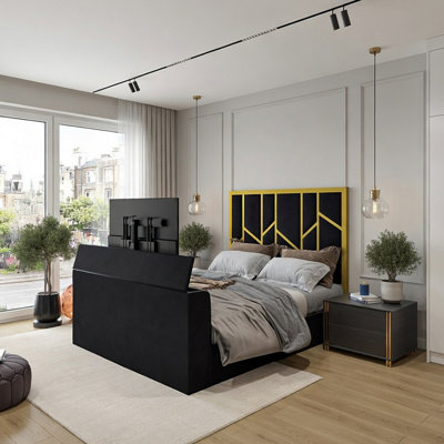  - Alderley Luxe Upholstered Gold & Black Television Bed Frame