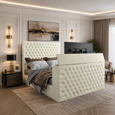  - Angram Upholstered Soft Velvet Cream Tv Bed Frame
