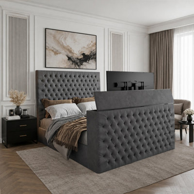  - Angram Upholstered Soft Velvet Grey Tv Bed Frame