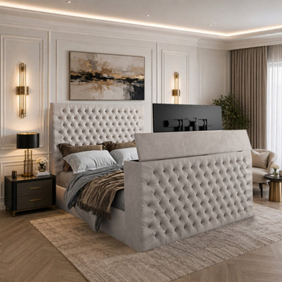  - Angram Upholstered Soft Velvet Pebble Tv Bed Frame