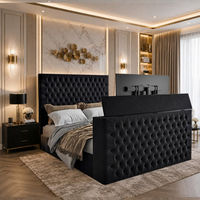  - Angram Upholstered Soft Velvet Black Tv Bed Frame