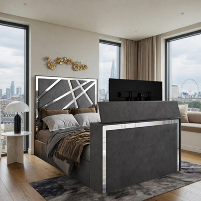  - Ashton Upholstered Soft Velvet Grey Tv Bed Frame