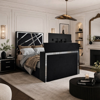  - Ashton Upholstered Soft Velvet Black Tv Bed Frame