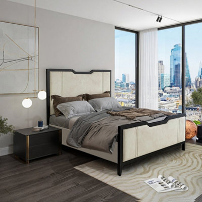  - Chard Designer Metal Frame Upholstered Black & Cream Bed Frame