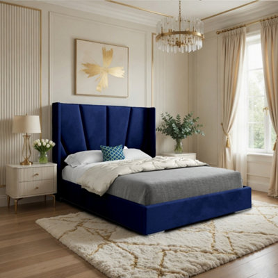  - Glapthorn Wide Curved Blue Soft Velvet Designer Bed Frame