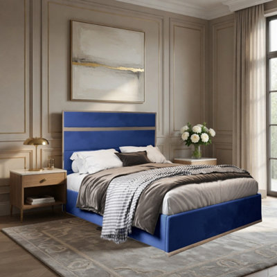  - Holt Upholstered Soft Velvet Blue Metal Designer Bed Frame