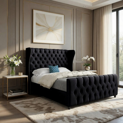  - Kettering Straight Upholstered Black Soft Velvet Designer Bed Frame