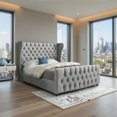  - Kettering Straight Upholstered Grey Soft Velvet Designer Bed Frame