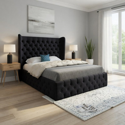  - Lawford Wide Winged Upholstered Black Soft Velvet Designer Bed Frame