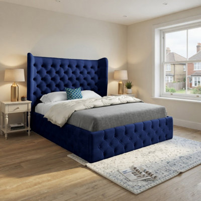  - Lawford Wide Winged Upholstered Blue Soft Velvet Designer Bed Frame