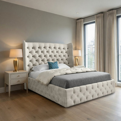  - Lawford Wide Winged Upholstered Beige Soft Velvet Designer Bed Frame