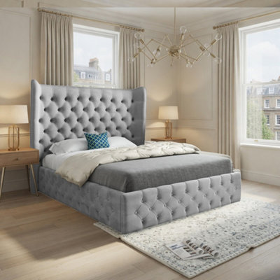  - Lawford Wide Winged Upholstered Grey Soft Velvet Designer Bed Frame