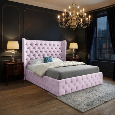  - Lawford Wide Winged Upholstered Pink Soft Velvet Designer Bed Frame