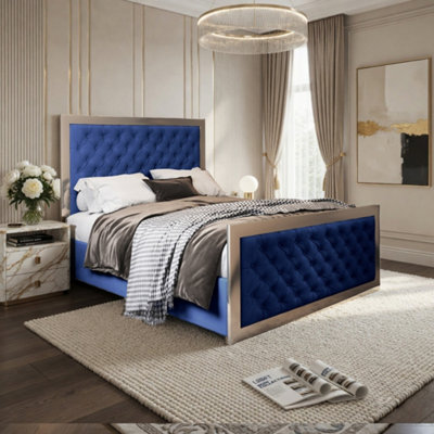  - Mawdesley Upholstered Soft Velvet Blue Metal Designer Bed Frame
