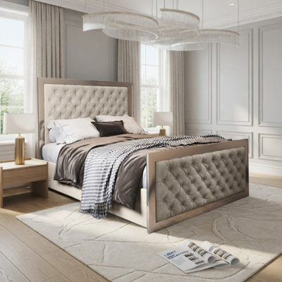  - Mawdesley Upholstered Soft Velvet Beige Metal Designer Bed Frame
