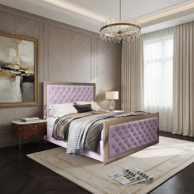  - Mawdesley Upholstered Soft Velvet Pink Metal Designer Bed Frame