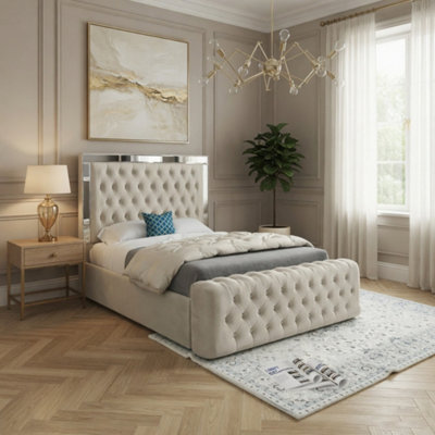  - Redesdale Mirror Upholstered Beige Soft Velvet Designer Bed Frame
